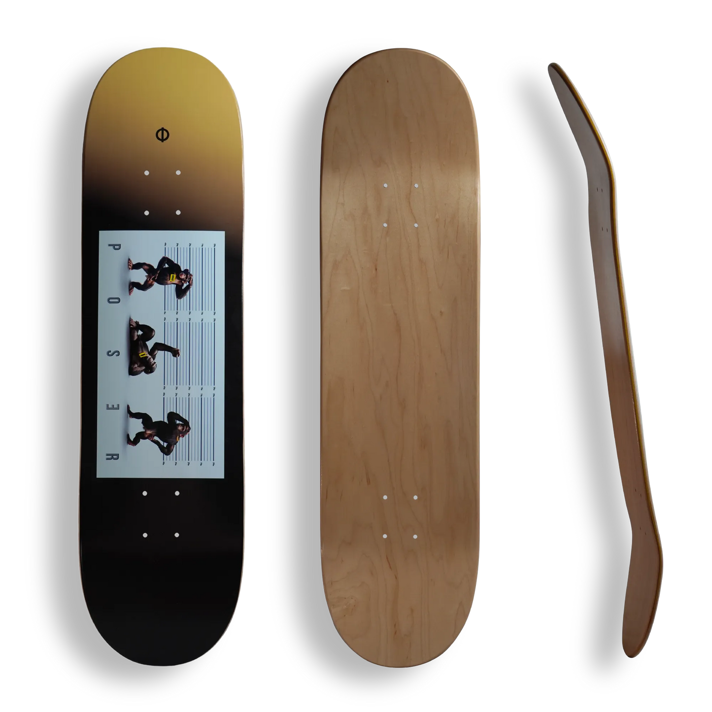 multiple perspectives of the poser fullstop brand skateboard deck